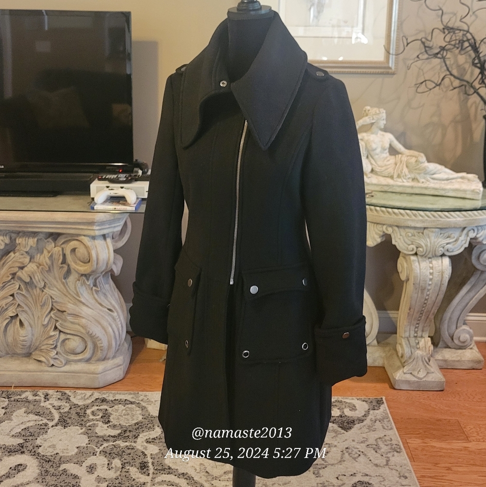 Bebe Wool Blend Coat Half Zip Adjustable Sleeve Military Style Designer #58